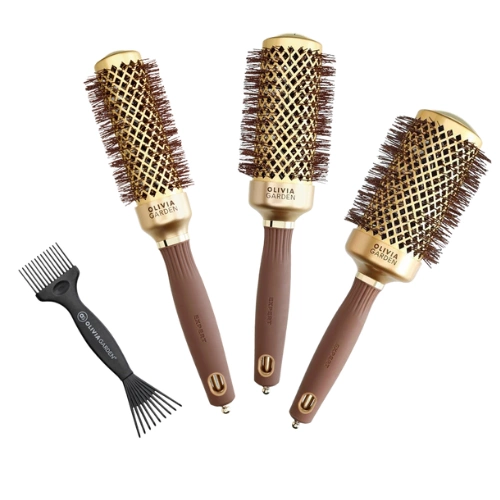 Olivia Garden Expert Blowout Black & Gold – zestaw 3 szczotek z czyścikiem
