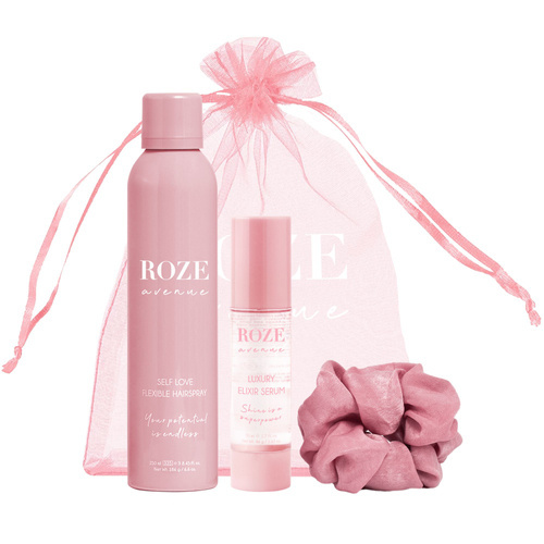 Roze Avenue Styling Trio in Stylish Mesh Bag: serum + lakier + gumka do włosów