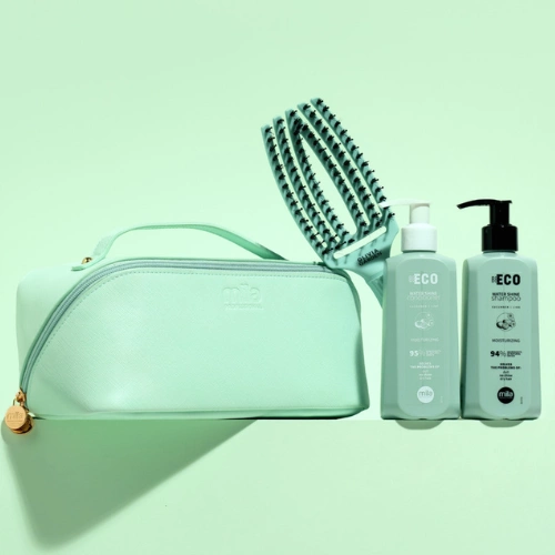 Zielony zestaw w kosmetyczce Mila Pro Water Shine szampon 250 ml + odżywka 250 ml + szczotka Finger Brush