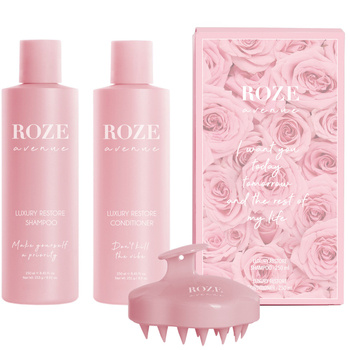 Roze Avenue zestaw bestie scalp brush transparent. Zestaw zawiera szampon Luxury Restore Shampo, odżywkę Luxury Restore Conditioner oraz szczotkę Scalp Brush